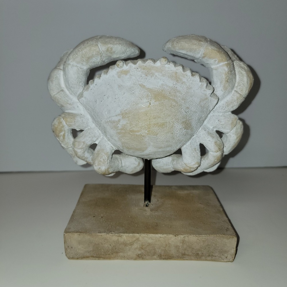 White Crab Sculpture Ornament On Stand - Nautical Home Decor